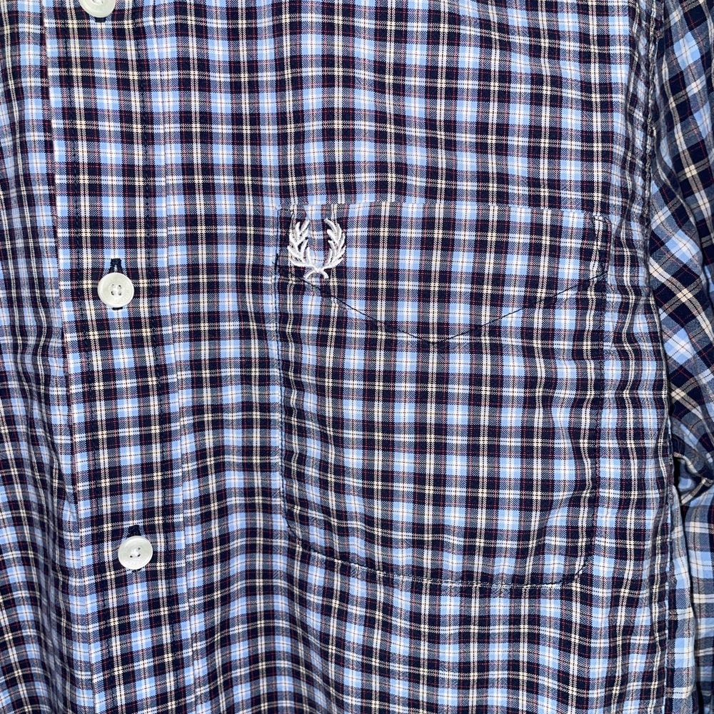 Fred Perry Navy and White Plaid Oxford Button Down Shirt - Picture 2 of 3